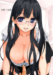 Rule 34 | 1girl, black hair, black thighhighs, blue eyes, blush, breasts, cleavage, clothes pull, collarbone, glasses, kimky, large breasts, leaning forward, long hair, looking at viewer, open mouth, original, rimless eyewear, shirt pull, skirt, smile, thighhighs