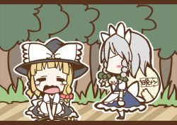 Rule 34 | 2girls, adomi, blonde hair, braid, carrying, comic, crying, closed eyes, female focus, forest, hat, izayoi sakuya, kirisame marisa, letterboxed, maid, millipen (medium), multiple girls, nature, no eyes, open mouth, short hair, silver hair, tears, touhou, traditional media, tree, twin braids, witch hat