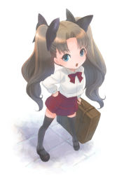 Rule 34 | 1girl, aged down, black thighhighs, blue eyes, brown hair, child, fate/zero, fate (series), hair ribbon, kacka, long hair, luggage, mary janes, ribbon, shoes, solo, thighhighs, tohsaka rin, twintails