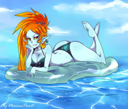 Rule 34 | 1girl, aged up, alternate breast size, alternate hairstyle, ass, barefoot, bikini, blue skin, blue sky, breasts, cleavage, cloud, colored sclera, colored skin, day, earrings, fang, floating, grin, hair ornament, jewelry, large breasts, long hair, lying, maniacpaint, midna, midna (true), nintendo, ocean, on stomach, orange hair, pointy ears, ponytail, red eyes, sky, smile, soles, solo, swimsuit, the legend of zelda, the legend of zelda: twilight princess, the pose, yellow sclera