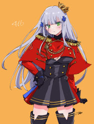 Rule 34 | 1girl, artist name, black gloves, black skirt, black thighhighs, blush, boots, breasts, capelet, character name, citron80citron, cleavage, commentary request, cowboy shot, crown, epaulettes, facial mark, frown, girls&#039; frontline, gloves, green eyes, grey hair, hair ornament, hand on own hip, highres, hk416 (girls&#039; frontline), hk416 (percussive bolero) (girls&#039; frontline), large breasts, long hair, looking at viewer, official alternate costume, orange background, pleated skirt, red capelet, skirt, solo, thigh boots, thighhighs