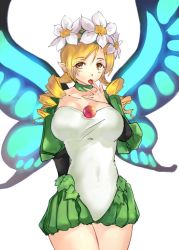 Rule 34 | 1girl, blonde hair, braid, breasts, brown eyes, butterfly wings, fairy, flower, hair flower, hair ornament, insect wings, long hair, looking at viewer, mahou shoujo madoka magica, mahou shoujo madoka magica (anime), mercedes (odin sphere), negresco, odin sphere, pointy ears, simple background, solo, twin braids, white background, wings