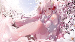 Rule 34 | 1girl, :o, alternate color, blush, character name, cherry blossoms, cherry hair ornament, collared shirt, commentary request, daidou (demitasse), day, detached sleeves, flower, food-themed hair ornament, full body, hair ornament, hatsune miku, high heels, highres, knees up, long hair, long sleeves, looking at viewer, miniskirt, necktie, petals, pink footwear, pink hair, pink necktie, pink skirt, pink thighhighs, red eyes, sakura miku, shirt, sitting, skirt, solo, thighhighs, twintails, very long hair, vocaloid, white flower, white shirt