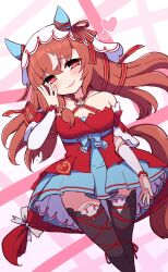 Rule 34 | 1girl, animal ears, arm garter, bare shoulders, black thighhighs, blue eyes, blush, breasts, closed mouth, commentary request, cowboy shot, detached sleeves, dress, dutch angle, ear covers, heart, highres, horse ears, horse girl, horse tail, layered dress, long hair, own hands together, red dress, red eyes, red hair, simoyuki, simple background, sleeveless, sleeveless dress, small breasts, smile, solo, still in love (umamusume), tail, thighhighs, umamusume, white background