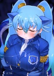 Rule 34 | 1girl, absurdres, after ejaculation, animal ears, aqua hair, arms under breasts, blue hair, blue suit, blush, breasts, closed eyes, commentary, crossed arms, cum, cum on body, cum on breasts, cum on upper body, cum string, dragon girl, dragon tail, facial, formal, from above, frown, gloves, gradient hair, hair between eyes, highres, jacket, japari symbol print, kemono friends, kemono friends 3, large breasts, long hair, long sleeves, masuyama ryou, multicolored hair, necktie, seiryuu (kemono friends), simple background, solo, suit, tail, twintails, upper body, very long hair, white necktie