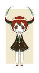 Rule 34 | 1girl, arms at sides, black jacket, black shorts, border, closed mouth, collared shirt, full body, highres, horns, hotate oishii, jacket, limited palette, necktie, original, red eyes, red footwear, red hair, shirt, short hair, shorts, smile, solo, white border