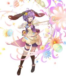 Rule 34 | 1girl, ahoge, animal ears, arrow (projectile), artist request, belt, bernadetta von varley, boots, bow (weapon), dress, easter egg, egg, fake animal ears, fake tail, fire emblem, fire emblem: three houses, fire emblem heroes, flower, frills, full body, gloves, green eyes, hair ornament, highres, holding, holding bow (weapon), holding weapon, hood, hood down, looking away, nintendo, non-web source, official art, open mouth, petals, polka dot, pom pom (clothes), puffy short sleeves, puffy sleeves, purple eyes, rabbit ears, rabbit tail, see-through, short dress, short hair, short sleeves, shorts, solo, stuffed animal, stuffed toy, tail, thigh boots, thigh strap, transparent background, weapon