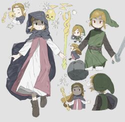 1boy 1girl belt blonde_hair chibi dress elf grey_background highres link long_hair ma_fu multiple_views nintendo pointy_ears princess_zelda red_eyes staff sword the_legend_of_zelda weapon white_dress