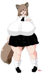 Rule 34 | 1girl, animal ears, ayazumi flutter, black skirt, breasts, brown eyes, brown hair, dot nose, female focus, full body, gigantic breasts, glasses, half updo, looking at viewer, matching hair/eyes, open mouth, raccoon ears, raccoon girl, raccoon tail, shiny skin, shirt, skirt, smile, solo, standing, tail, thick thighs, thighs, white background, white shirt