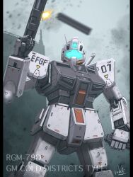 Rule 34 | arm at side, assault visor, bottoms1237, character name, commentary request, cowboy shot, debris, earth federation, gm cold districts type, gun, gundam, gundam 0080, hand up, highres, holding, holding gun, holding magazine (weapon), holding weapon, magazine (weapon), mecha, mecha focus, mobile suit, motion blur, no humans, pillarboxed, radio antenna, robot, science fiction, signature, smoke, solo, standing, weapon