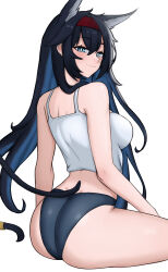 Rule 34 | 1girl, absurdres, animal ears, arknights, ass, bare arms, bare shoulders, black hair, black panties, blaze (arknights), blue eyes, breasts, camisole, cat ears, cat tail, commentary, crop top, fangs (fangs art), hairband, highres, large breasts, long hair, looking at viewer, midriff, panties, red hairband, simple background, sitting, smile, solo, spaghetti strap, tail, thighs, underwear, very long hair, white background