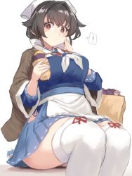Rule 34 | !, 3girls, black hair, blue skirt, blush, breasts, brown shawl, closed mouth, commentary, fairy (kancolle), food, hair between eyes, hair flaps, holding, holding food, holding vegetable, i-19 (kancolle), i-58 (kancolle), jingei (kancolle), kantai collection, large breasts, long hair, long sleeves, multiple girls, neckerchief, pleated skirt, red eyes, shawl, simple background, skirt, spoken exclamation mark, sweet potato, symbol-only commentary, thighhighs, utopia, vegetable, white background, white legwear, white neckerchief