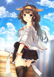 Rule 34 | 10s, 1girl, ahoge, blush, boots, brown hair, clothes lift, cloud, cloudy sky, day, detached sleeves, double bun, hair bun, hairband, highres, kantai collection, kongou (kancolle), kongou kai ni (kancolle), light blush, long hair, looking at viewer, looking back, nontraditional miko, pleated skirt, purple eyes, rock.fc, skirt, skirt lift, sky, smile, solo, stairs, thigh boots, thighhighs