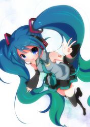 Rule 34 | 1girl, aqua hair, bad id, bad pixiv id, blue eyes, boots, colorized, detached sleeves, from above, gradient hair, green hair, hatsune miku, headset, highres, long hair, looking at viewer, miesa, multicolored hair, necktie, skirt, solo, thigh boots, thighhighs, tsukigami chiruyo (zeroko), twintails, very long hair, vocaloid, zerokosan