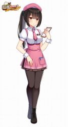Rule 34 | 1girl, apron, beret, black footwear, black hair, black pantyhose, black skirt, blush, boots, breasts, brown eyes, center frills, character request, clipboard, closed mouth, collared shirt, cross-laced footwear, frills, full body, hat, hitsuki rei, holding, lace-up boots, long hair, looking at viewer, official art, pantyhose, pink apron, pink hat, pleated skirt, ponytail, puffy short sleeves, puffy sleeves, shirt, short sleeves, sidelocks, skirt, small breasts, snowdreams -lost in winter-, solo, standing, uniform, very long hair, waitress, white shirt, wrist cuffs