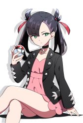 Rule 34 | 1girl, asymmetrical bangs, black choker, black hair, black jacket, choker, closed mouth, collarbone, creatures (company), crossed legs, dress, game freak, green eyes, hair ribbon, highres, holding, holding poke ball, jacket, jewelry, long hair, long sleeves, looking to the side, marnie (pokemon), nintendo, open clothes, open jacket, pendant, pink dress, poke ball, pokemon, pokemon swsh, red ribbon, ribbon, short dress, simple background, sitting, solo, two side up, white background, yuihico