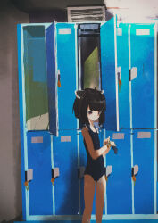 Rule 34 | 1girl, absurdres, ahoge, alternate costume, black hair, blue one-piece swimsuit, blunt bangs, blush, brown eyes, closed mouth, commentary request, feet out of frame, flat chest, hands up, hat, headgear, highres, holding, holding clothes, holding hat, indoors, kabuyama kaigi, locker, locker room, looking at object, one-piece swimsuit, shadow, solo, standing, swim cap, swimsuit, touhoku kiritan, unworn swim cap, vent (object), voiceroid, watch, wide shot, wristwatch