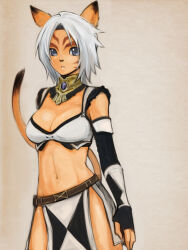Rule 34 | 1girl, adventurer (ff11), animal ears, black headband, blue eyes, breasts, cat ears, cat girl, cat tail, cleavage, cowboy shot, doraeshi, facial mark, final fantasy, final fantasy xi, groin, headband, loincloth, medium breasts, mithra (ff11), navel, no eyebrows, short hair, solo, standing, tail, tail raised, whisker markings, white hair