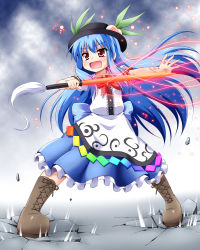 Rule 34 | 1girl, blue hair, blush, bow, cross-laced footwear, female focus, food, frills, fruit, hat, hinanawi tenshi, hino hino, leaf, long hair, long skirt, open mouth, peach, red eyes, short sleeves, skirt, solo, sword, sword of hisou, touhou, very long hair, weapon