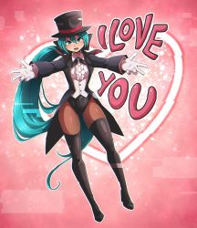 Rule 34 | 1girl, black hat, blue eyes, blue hair, blush, boots, fishnet thighhighs, fishnets, full body, glitch, gloves, hat, hatsune miku, high heel boots, high heels, long hair, long sleeves, looking at viewer, open mouth, pantyhose, ryou sakai, smile, solo, teeth, thigh boots, thighhighs, top hat, upper teeth only, vocaloid, white gloves