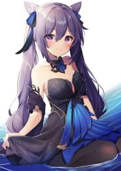 Rule 34 | 1girl, bare shoulders, black dress, black pantyhose, blue dress, blush, bow, breasts, cleavage, double bun, dress, genshin impact, hair bun, hair ornament, highres, keqing (genshin impact), keqing (opulent splendor) (genshin impact), looking at viewer, multicolored clothes, multicolored dress, pantyhose, partially submerged, seiza, shirase (shirose), simple background, sitting, solo, strapless, strapless dress, twintails, water, white background