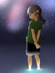 Rule 34 | 1girl, arms behind back, black hair, black shorts, closed mouth, flower, from behind, green eyes, green shirt, hair flower, hair ornament, holding own wrist, long hair, looking at viewer, looking back, night, night sky, niizato aoi, non non biyori, shika (s1ka), shirt, short shorts, short sleeves, shorts, side ponytail, sky, smile, solo, standing, star (sky), starry sky, yellow flower