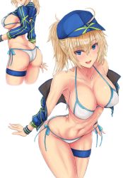 Rule 34 | 1girl, :d, ?, ahoge, artoria pendragon (fate), ass, bare shoulders, baseball cap, bikini, blonde hair, blue eyes, blue headwear, blue jacket, blush, breasts, butt crack, cleavage, collarbone, commentary request, cowboy shot, cropped jacket, cropped legs, fate/grand order, fate (series), from behind, hair between eyes, hair through headwear, halterneck, hat, head out of frame, heart, highres, jacket, large breasts, leaning forward, mickey dunn, multiple views, mysterious heroine x (fate), mysterious heroine xx (fate), navel, navel piercing, off shoulder, open mouth, piercing, plant, ponytail, short hair, shrug (clothing), side-tie bikini bottom, sidelocks, simple background, smile, standing, stomach, string bikini, swimsuit, thighs, white background, white bikini, wristband, zipper pull tab