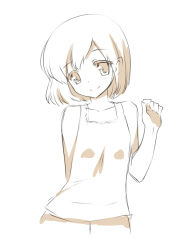 Rule 34 | 1girl, blush, butter-t, flat chest, monochrome, original, short hair, simple background, smile, solo, white background