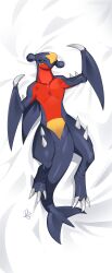 Rule 34 | absurdres, bed sheet, brown eyes, closed mouth, commission, creatures (company), dakimakura (medium), difman, fins, fish tail, full body, game freak, garchomp, gen 4 pokemon, highres, looking at viewer, lying, nintendo, no humans, on back, pokemon, pokemon (creature), shark tail, signature, solo, spikes, tail
