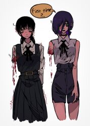Rule 34 | !, 2girls, 31ulkubo, ?, amputee, black choker, black dress, black hair, blood, breasts, brown eyes, chainsaw man, choker, commentary, dress, english commentary, english text, fourth east high school uniform, frown, green eyes, hair over one eye, highres, medium breasts, missing limb, mitaka asa, multiple girls, open mouth, pinafore dress, pleated dress, purple hair, reze (chainsaw man), school uniform, shirt, sleeveless, sleeveless dress, sleeveless shirt, sweatdrop