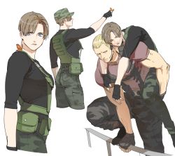 Rule 34 | 1boy, 1girl, blonde hair, brown hair, bug, butterfly, camouflage, camouflage pants, closed eyes, closed mouth, fingerless gloves, genderswap, genderswap (mtf), gloves, hat, insect, jack krauser, leon s. kennedy, muscular, muscular male, pants, resident evil, resident evil: the darkside chronicles, resident evil 2, resident evil 4, short hair, simple background, tatsumi (psmhbpiuczn), white background