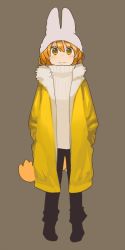 Rule 34 | 10s, 1girl, bad id, bad twitter id, beanie, brown background, coat, full body, hands in pockets, hat, highres, kasa list, kemono friends, serval (kemono friends), short hair, simple background, smile, sweater, tail, turtleneck, unfinished, white sweater, winter clothes, yellow eyes