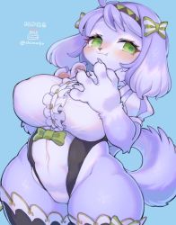 Rule 34 | 1girl, :3, ahoge, animal ears, black thighhighs, blue background, blue hair, bow, breasts, claws, covered navel, dog ears, dog girl, dog tail, fang, furry, furry female, green eyes, groin, hair bow, hand to own mouth, headband, highleg, highleg leotard, large breasts, leotard, original, ribbon, rikose, short hair, simple background, smile, solo, tail, thighhighs, thighs, white leotard