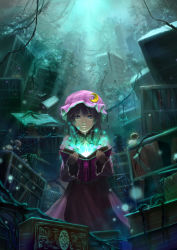 Rule 34 | 1girl, absurdres, book, bookshelf, coat, crescent, dress, glowing, grimoire, hair ribbon, hat, highres, library, long sleeves, looking at viewer, mob cap, mole, mushroom, open clothes, open coat, overgrown, patchouli knowledge, plant, purple dress, purple eyes, purple hair, ribbon, ruins, sigma (kyouniyan), solo, touhou, tress ribbon, vines, wide sleeves