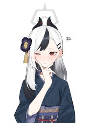 Rule 34 | 1girl, absurdres, asymmetrical bangs, black flower, black hair, black horns, black kimono, blue archive, blush, choker, commentary request, demon horns, ear blush, earclip, fataaa, flower, hair flower, hair ornament, hairclip, halo, highres, horns, japanese clothes, kayoko (blue archive), kayoko (new year) (blue archive), kimono, long hair, looking at viewer, medium bangs, mole, mole on neck, multicolored hair, obi, official alternate costume, one eye closed, red eyes, sash, simple background, single sidelock, solo, swept bangs, tassel, tassel hair ornament, two-tone hair, upper body, white background, white hair