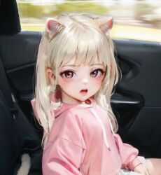 Rule 34 | 1girl, animal ear fluff, animal ears, blonde hair, borrowed character, brown eyes, car interior, cat ears, cat girl, cat tail, from side, highres, hood, hoodie, long hair, looking at viewer, open mouth, original, parfait (gachigachi), pink hoodie, pink shirt, shirt, sitting, skirt, solo, sweetonedollar, tail, upper body, white skirt, window