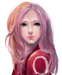 Rule 34 | 10s, 1girl, 2015, artist name, expressionless, green eyes, haruno sakura, lips, long hair, looking to the side, naruto, naruto (series), pink hair, realistic, red shirt, shirt, simple background, smile, solo, ukirit, upper body, white background