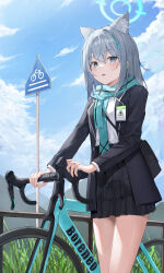 Rule 34 | 1girl, animal ear fluff, animal ears, bare legs, bicycle, black bag, black jacket, black skirt, blazer, blue archive, blue eyes, blue necktie, blue scarf, cloud, cross hair ornament, dawon, extra ears, feet out of frame, grey hair, hair between eyes, hair ornament, halo, highres, id card, jacket, light blush, long sleeves, looking at viewer, medium hair, mismatched pupils, necktie, parted lips, plaid, plaid skirt, road sign, scarf, shiroko (blue archive), shirt, shirt tucked in, sign, skirt, sky, solo, white shirt, wolf ears