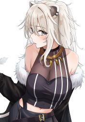 Rule 34 | 1girl, absurdres, animal ears, bare shoulders, black jacket, black shirt, black skirt, breasts, c1p122, cleavage, crop top, ear piercing, fang, fur-trimmed jacket, fur trim, grey eyes, grey hair, hair between eyes, highres, hololive, jacket, jewelry, large breasts, leaning forward, lion ears, lion girl, lion tail, long hair, looking at viewer, messy hair, midriff, miniskirt, navel, necklace, parted lips, piercing, see-through, see-through cleavage, shirt, shishiro botan, shishiro botan (1st costume), sidelocks, simple background, skirt, sleeveless, sleeveless shirt, solo, tail, two side up, virtual youtuber, white background, zipper pull tab, zipper skirt