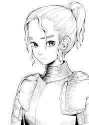 Rule 34 | 1girl, armor, breastplate, closed mouth, commentary, forehead, greyscale, high ponytail, highres, knight, looking at viewer, monochrome, mrsusan desu, original, pauldrons, plate armor, short hair, shoulder armor, solo, upper body
