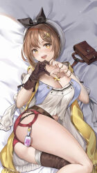 Rule 34 | 1girl, absurdres, atelier (series), atelier ryza, atelier ryza 1, bed, braid, breasts, brown hair, cleavage, hair between eyes, hairband, highres, large breasts, looking at viewer, lying, on bed, open mouth, reisalin stout, short hair, smile, teeth, thick thighs, thighs, upper teeth only, yaomiaomiao, yellow eyes