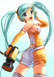 Rule 34 | 1girl, :d, aqua hair, blush, breasts, cowboy shot, elbow gloves, gloves, hands on headphones, hatsune miku, headphones, katahira masashi, long hair, looking at viewer, looking back, open mouth, sideboob, small breasts, smile, solo, thighhighs, twintails, very long hair, vocaloid