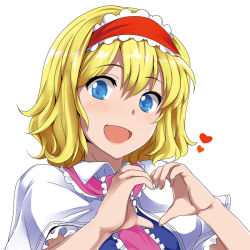 Rule 34 | 1girl, alice margatroid, blonde hair, blue dress, blue eyes, capelet, dress, hairband, heart, heart hands, k2isu, lolita hairband, looking at viewer, open mouth, simple background, smile, solo, touhou, upper body, white background