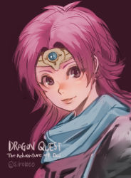 Rule 34 | 1girl, brown eyes, circlet, closed mouth, copyright name, dragon quest, dragon quest dai no daibouken, long hair, looking at viewer, maam, pink hair, shiroton (kazamineko), simple background, smile, solo