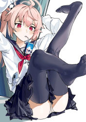 Rule 34 | 1girl, absurdres, ahoge, arms up, black skirt, black thighhighs, blue archive, blush, cellphone, drinking straw, gohanduck, halo, highres, juice box, legs up, long hair, long sleeves, looking at viewer, mouth hold, natsu (blue archive), neckerchief, no shoes, pants, phone, pink hair, red eyes, red neckerchief, sailor collar, shirt, side ponytail, sitting, skirt, solo, teeth hold, thighhighs, white pants, white shirt