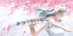 Rule 34 | 1girl, bare shoulders, cherry blossoms, closed eyes, commentary, dress, eyelashes, flute, instrument, long hair, original, petals, solo, watermark, web address, white hair, wind, yuumei