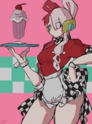 Rule 34 | checkered clothes, checkered skirt, headphones, highres, holding, holding plate, milkshake, miniskirt, multicolored hair, one piece, plate, red shirt, shirt, skirt, thick thighs, thighs, two-tone hair, uta (one piece)