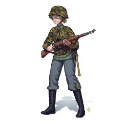 Rule 34 | 1girl, absurdres, ammunition pouch, bayonet, belt, black footwear, blonde hair, bolt action, boots, camouflage, camouflage headwear, camouflage jacket, combat helmet, entrenching tool, explosive, full body, german army, germany, grenade, gun, gun sling, helmet, highres, holding, holding gun, holding weapon, jacket, long sleeves, mauser 98, military, military jacket, military uniform, original, ostwindprojekt, pants, pants tucked in, pouch, rifle, simple background, soldier, solo, ss uniform, stahlhelm, standing, stielhandgranate, uniform, waffen-ss, weapon, white background, world war ii