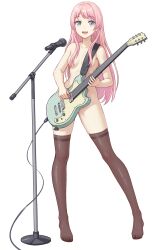 Rule 34 | 1girl, :d, bang dream!, bang dream! it&#039;s mygo!!!!!, blue eyes, brown thighhighs, chihaya anon, collarbone, commentary request, da akana xiv, full body, hair over eyes, highres, holding, holding instrument, instrument, long hair, looking at viewer, microphone, microphone stand, music, nude, open mouth, pink hair, playing instrument, simple background, smile, solo, standing, teeth, thighhighs, thighs, upper teeth only, white background