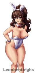 Rule 34 | 1girl, animal ears, bare legs, blue eyes, bow, bowtie, breasts, brown hair, cleavage, covered navel, creatures (company), detached collar, feet out of frame, game freak, hand on own hip, highleg, highleg leotard, highres, hilda (pokemon), large breasts, leonart, leotard, long hair, multicolored hair, nintendo, playboy bunny, pokemon, pokemon bw, ponytail, rabbit ears, rabbit tail, red bow, red bowtie, simple background, solo, streaked hair, tail, thigh gap, white background, white leotard, wrist cuffs